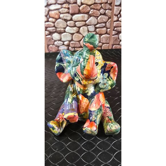 La Vie Sitting Elephant Trunk up Figurine Flora Patchwork Ceramic - Picture 7 of 16